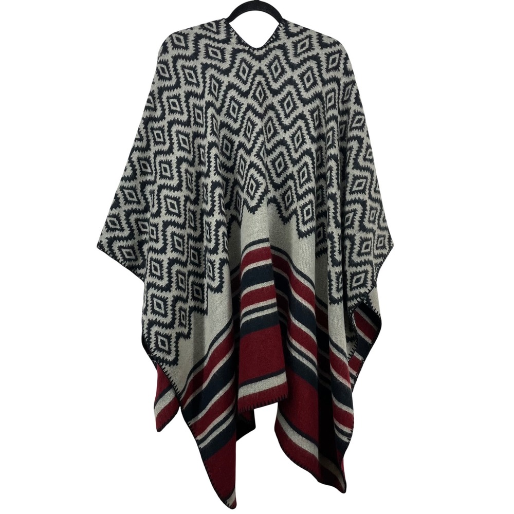 Indigo Soul Womens OS Poncho Wrap Red Navy Blue Southwestern Geometric Striped - Picture 6 of 7